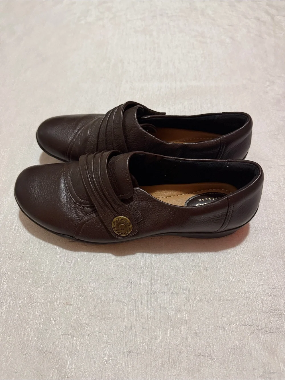 Clarks Brown Leather Slip-On Loafers with Decorative Button